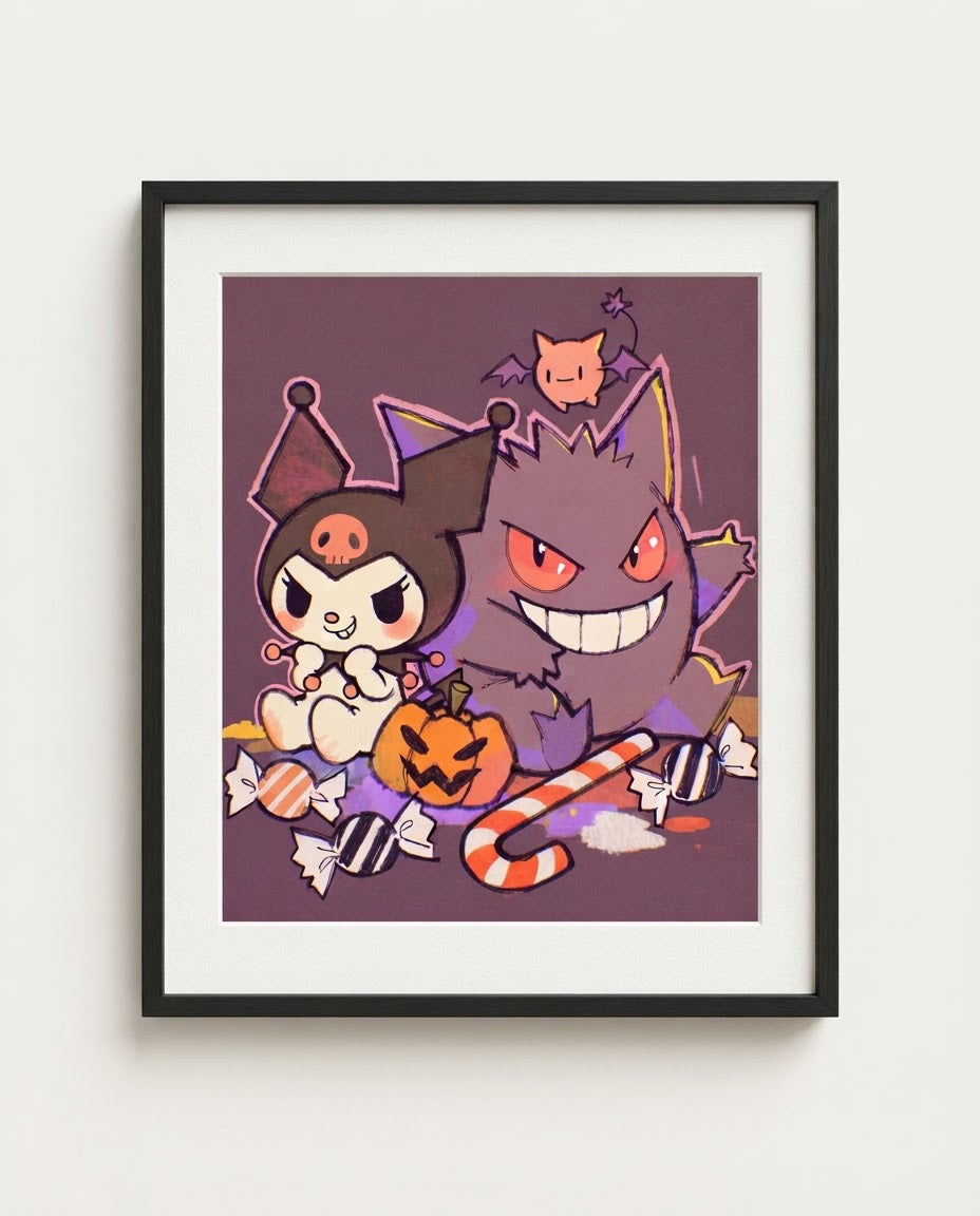 Kuromi & Gengar — Trick or Treat Halloween crossover art print framed in a black frame with white mat