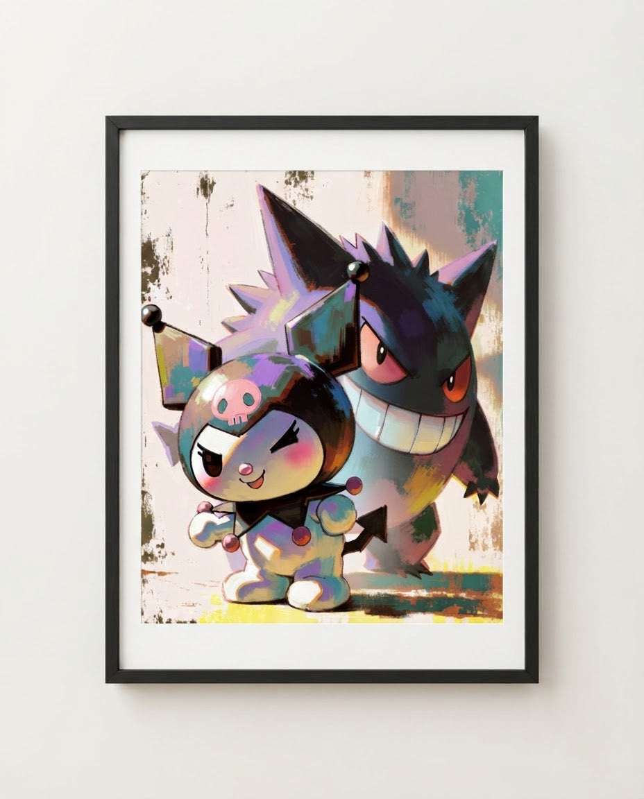 Kuromi and Gengar Troublemakers Sanrio Pokémon crossover art print by Dammit.png shown framed
