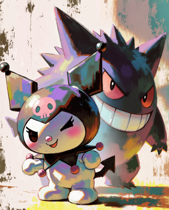 Original crossover artwork of Kuromi and Gengar grinning together by Dammit.png