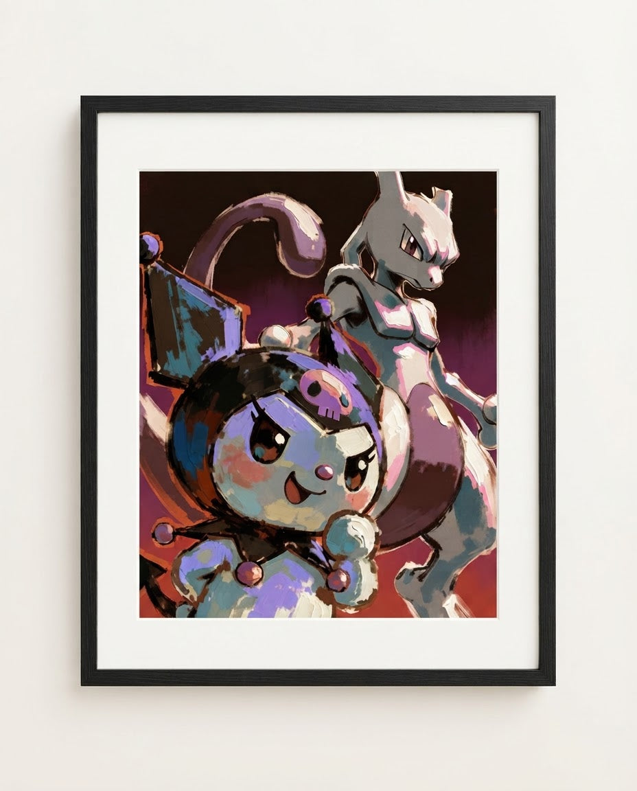 Kuromi and Mewtwo Mind Games Sanrio Pokémon crossover art print by Dammit.png shown framed