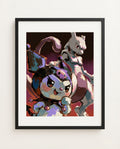 Kuromi and Mewtwo Mind Games Sanrio Pokémon crossover art print by Dammit.png shown framed
