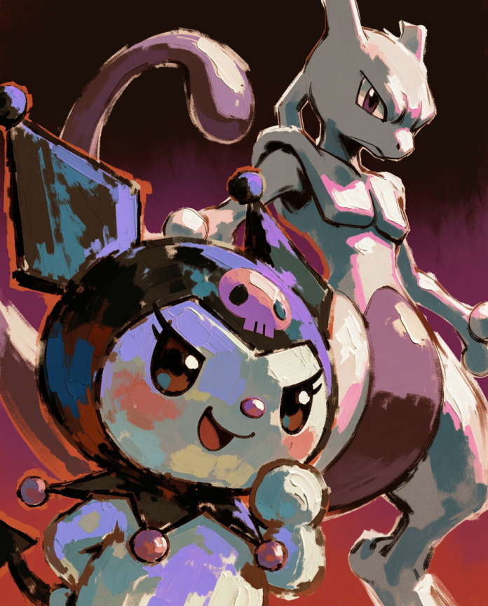 Original crossover artwork of Kuromi plotting beside Mewtwo by Dammit.png