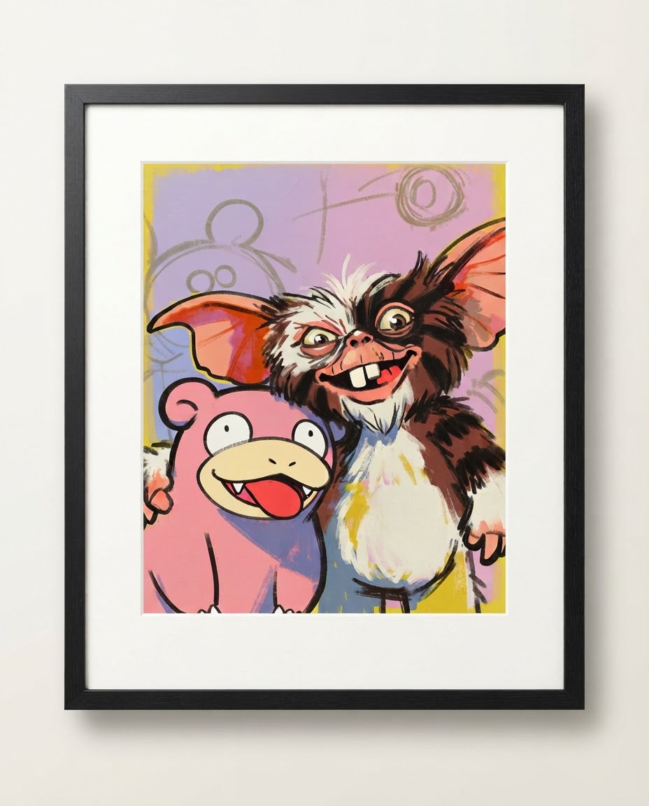Lenny & Slowpoke — Don't Feed After Midnight Gremlins crossover art print framed in a black frame with white mat