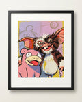 Lenny & Slowpoke — Don't Feed After Midnight Gremlins crossover art print framed in a black frame with white mat