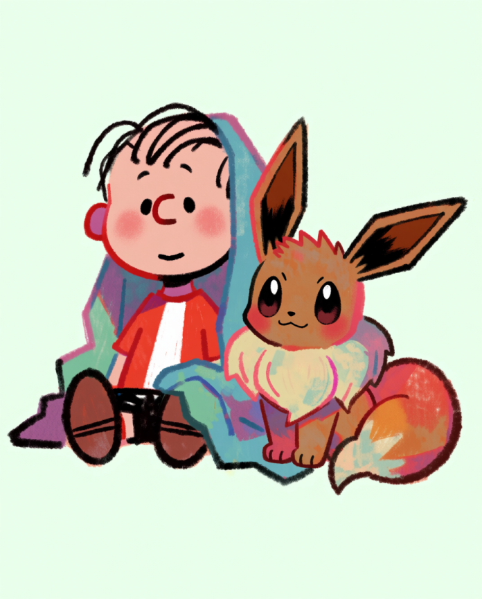 Linus & Eevee — Security Blanket illustration, Linus and Eevee sharing a blue blanket