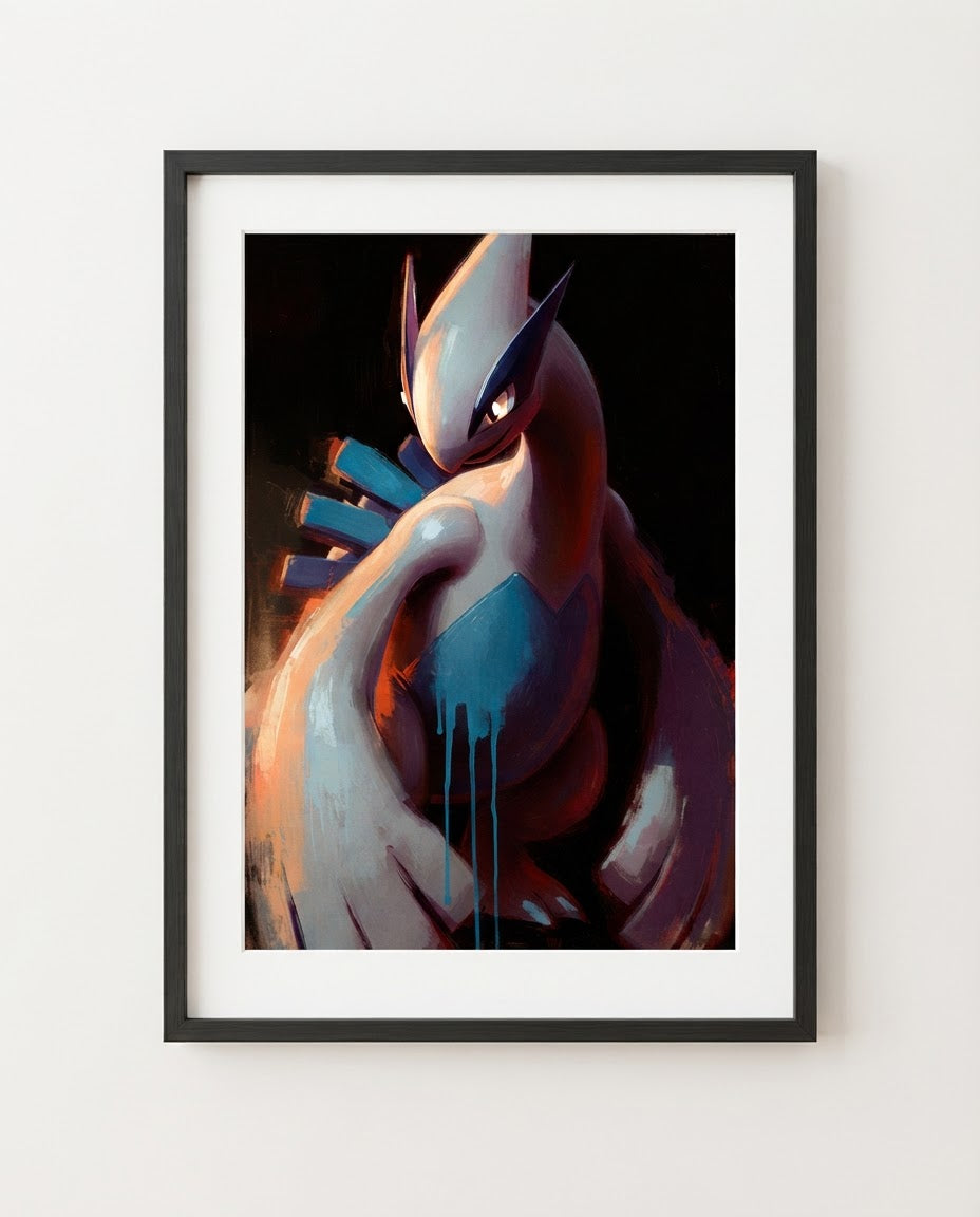 Lugia Silent Depths limited edition legendary Pokémon art print by Dammit.png shown framed