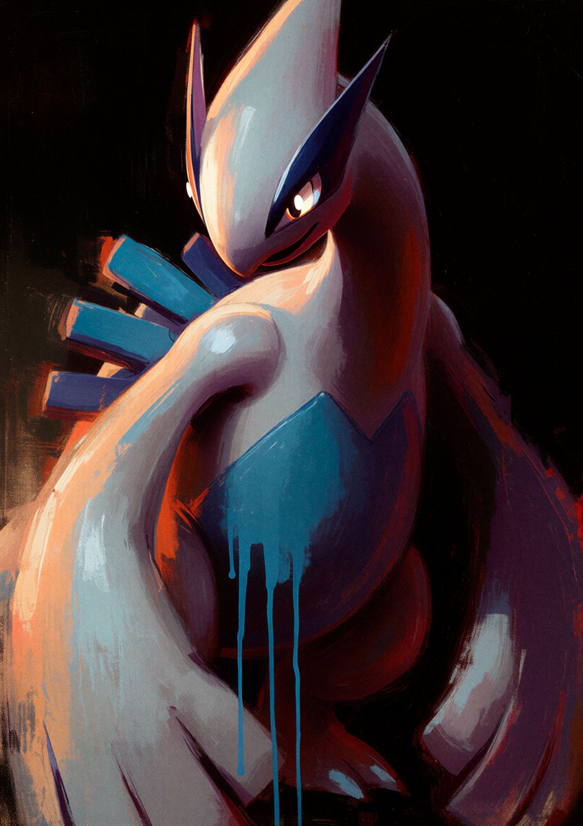 Original Lugia artwork emerging from dark cobalt depths, Silent Depths print by Dammit.png