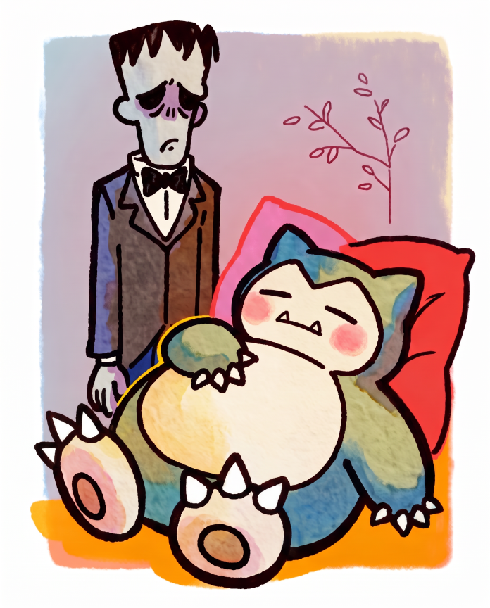 Lurch the butler standing over a sleeping Snorlax on cushions — Dammit.png fan art print