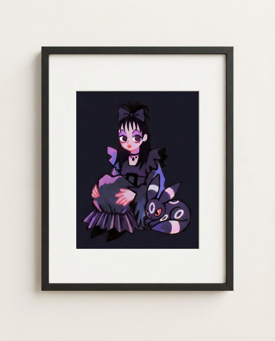 Lydia & Umbreon — Strange and Unusual Beetlejuice crossover art print framed in a black frame with white mat