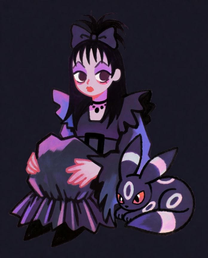 Lydia & Umbreon — Strange and Unusual illustration, Lydia in a black dress sitting with Umbreon