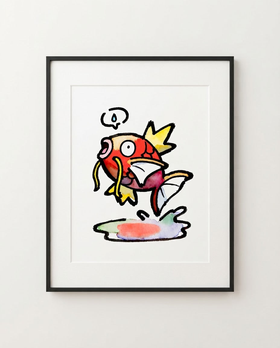 Magikarp — Splash watercolour art print framed in a black frame with white mat