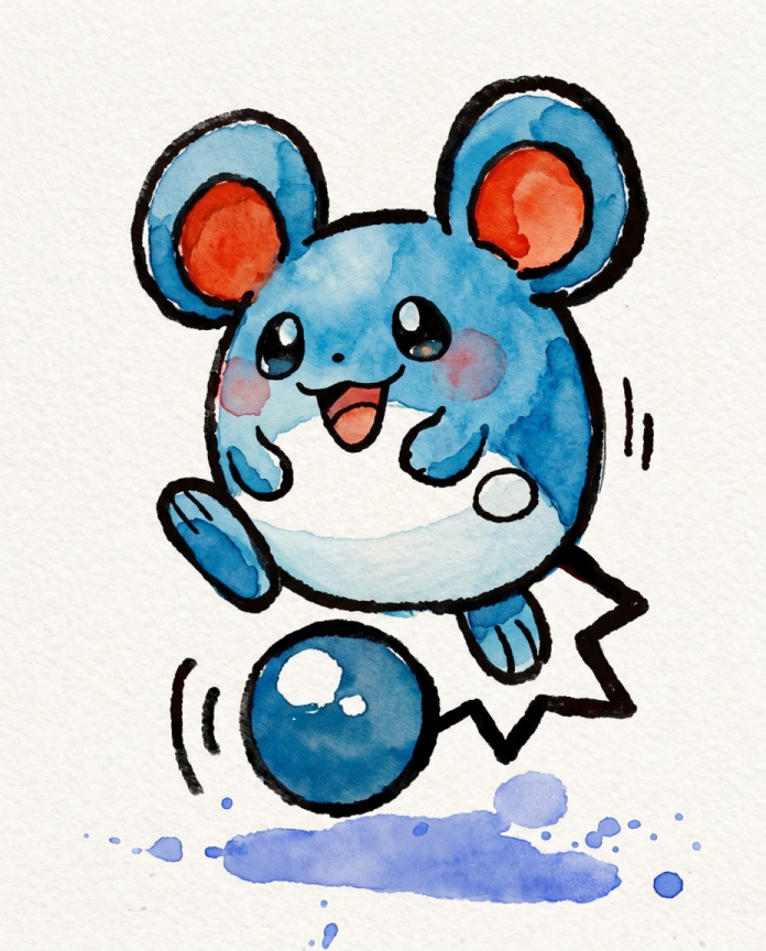 Watercolour Marill bouncing on its tail ball — Dammit.png fan art print