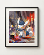 Meowstic — Fortune Teller haunted house Halloween art print framed in a black frame with white mat