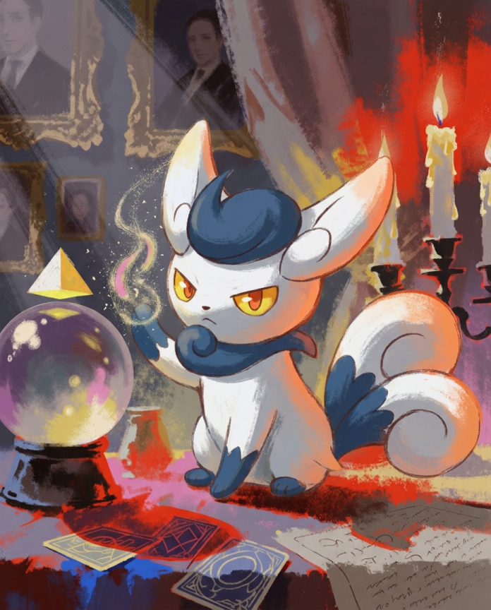 Meowstic — Fortune Teller illustration, Meowstic with a crystal ball and tarot cards in a candlelit parlour