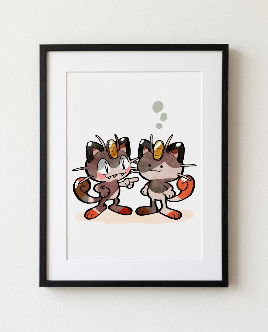 Meowth and Ditto Copy Cat watercolour Pokémon art print in a black frame with white mat