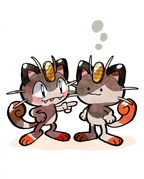 Watercolour illustration of Meowth pointing at a Ditto transformed into Meowth by Dammit.png