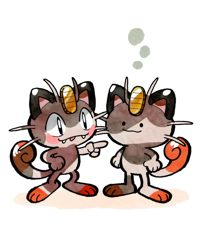 Watercolour illustration of Meowth pointing at a Ditto transformed into Meowth by Dammit.png