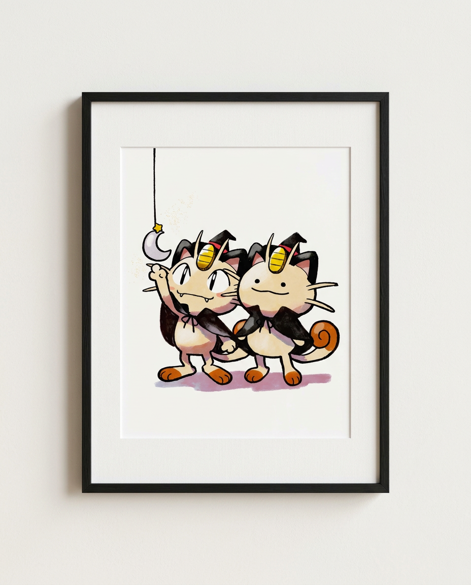 Meowth and Ditto Witching Hour Halloween watercolour Pokémon art print in a black frame with white mat