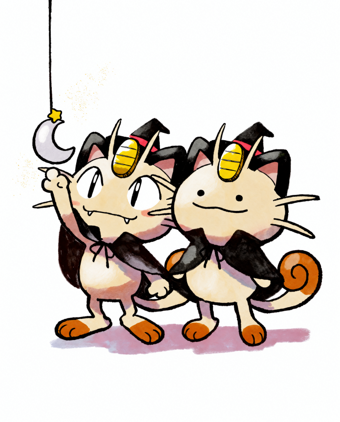 Watercolour illustration of Meowth and a Ditto Meowth in witch hats reaching for a crescent moon by Dammit.png