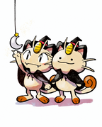 Watercolour illustration of Meowth and a Ditto Meowth in witch hats reaching for a crescent moon by Dammit.png