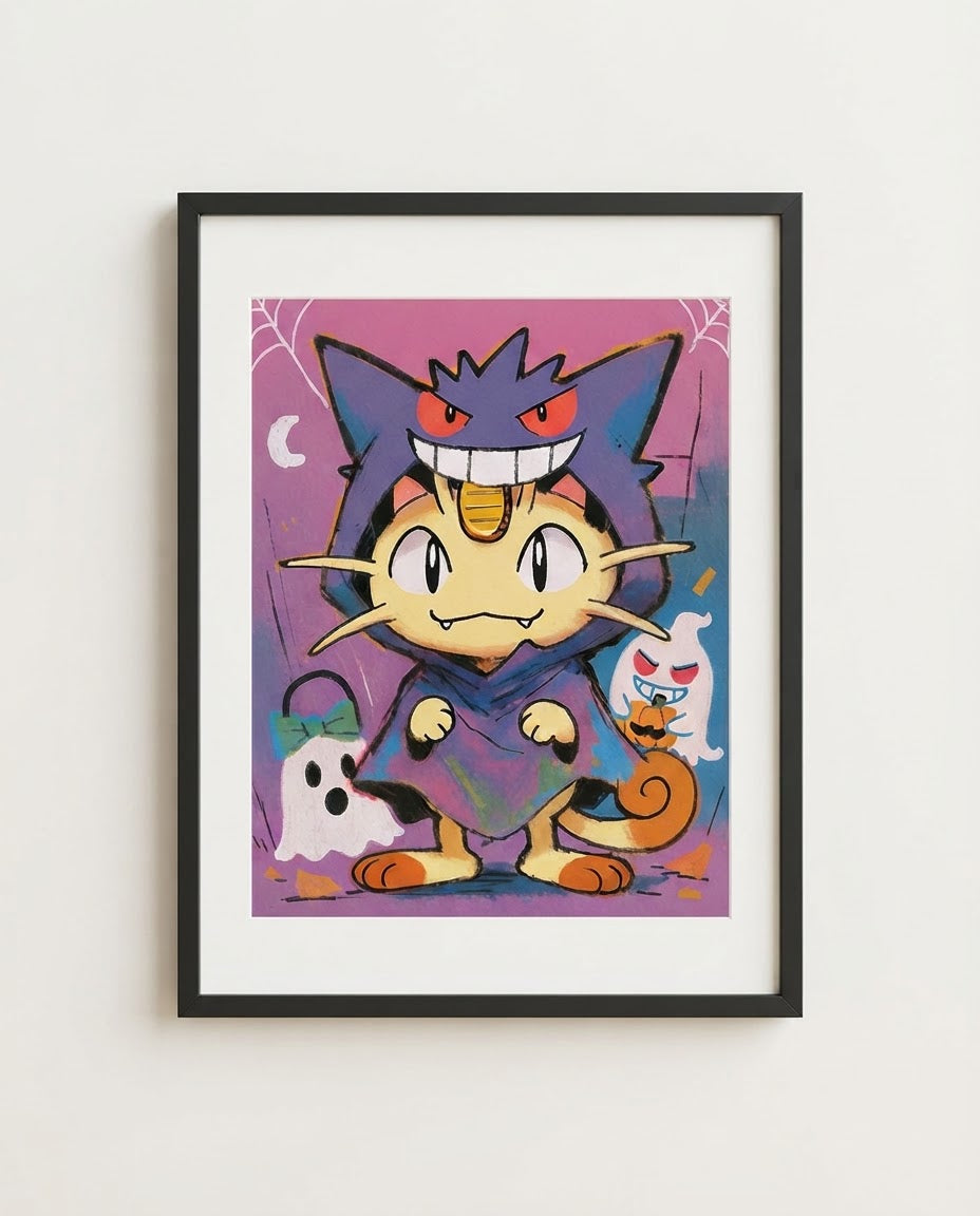 Meowth — Gengar Hoodie Halloween art print framed in a black frame with white mat