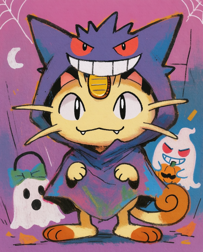 Meowth — Gengar Hoodie illustration, Meowth in a grinning Gengar hoodie with ghosts and a pumpkin