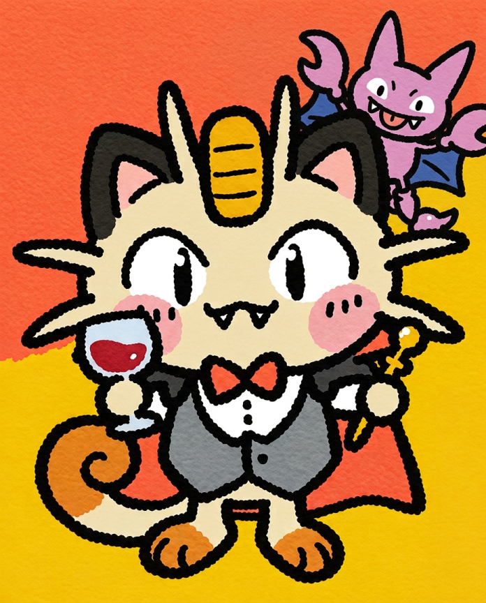 Meowth dressed as a dapper vampire with a glass and Gligar on its shoulder — Dammit.png fan art print