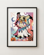 Meowth — Mimikyu Disguise Halloween art print framed in a black frame with white mat