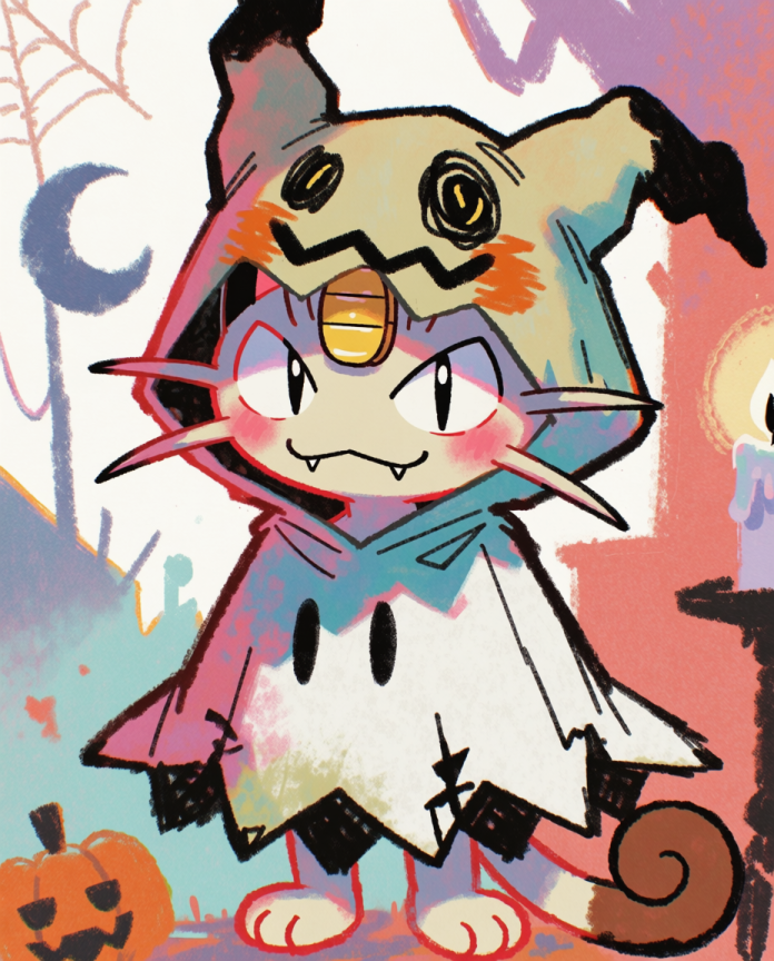 Meowth — Mimikyu Disguise illustration, Meowth wearing a rag Mimikyu costume with a pumpkin and candle