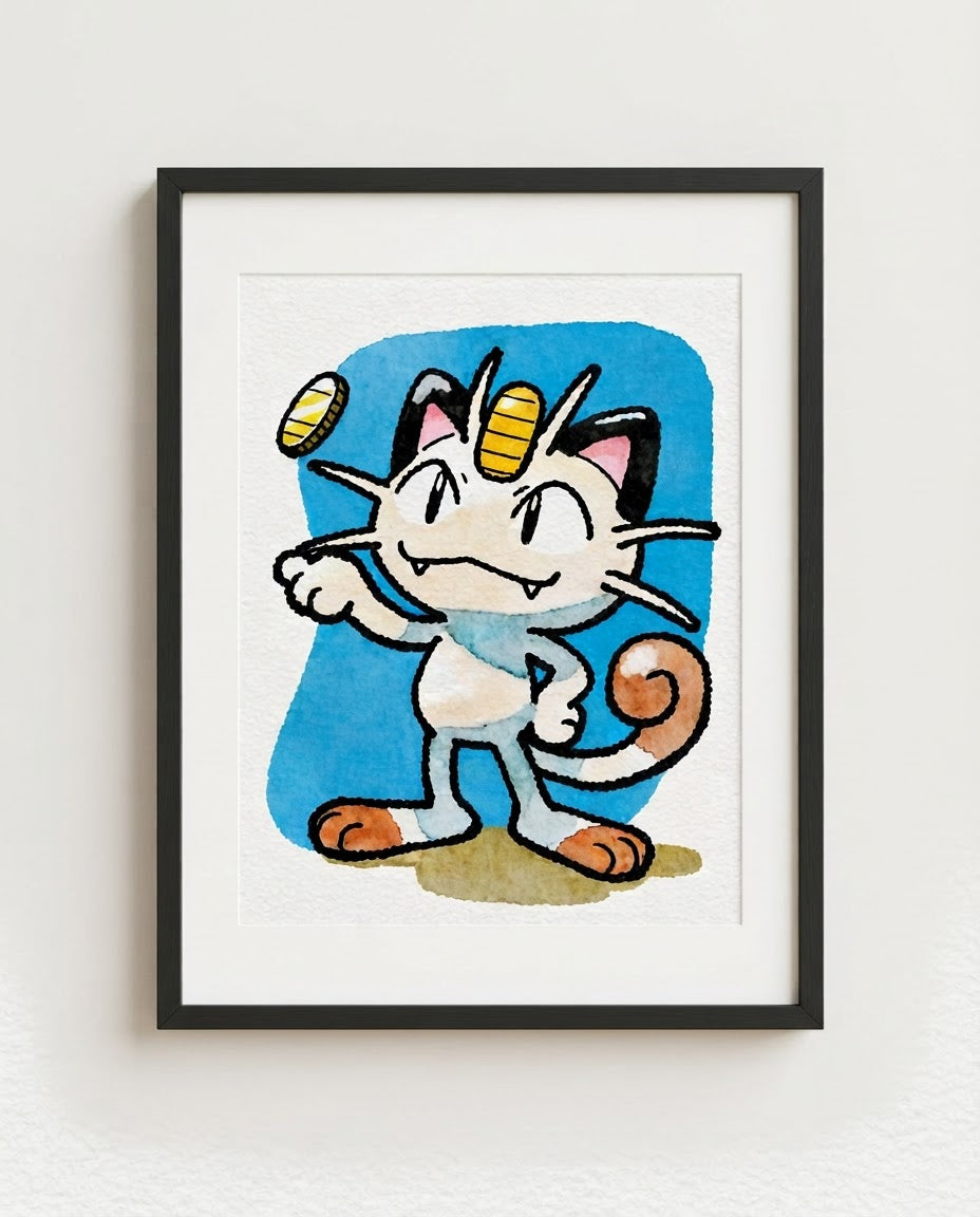 Meowth — Pay Day framed watercolour art print by Dammit.png