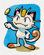 Watercolour Meowth flipping a gold coin against a blue background — Dammit.png fan art print