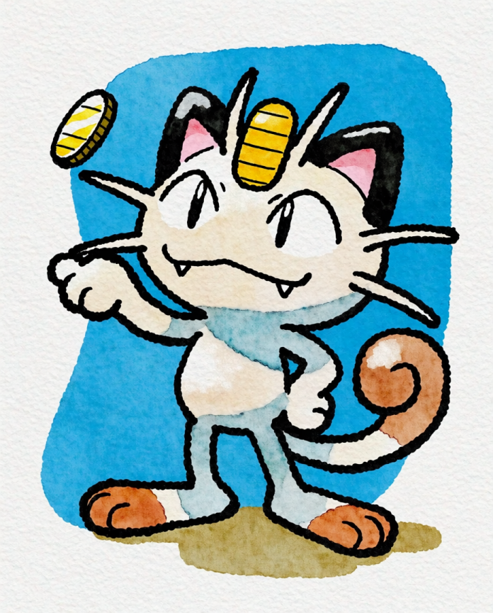 Watercolour Meowth flipping a gold coin against a blue background — Dammit.png fan art print