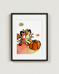 Meowth Pumpkin Pick autumn watercolour Pokémon art print in a black frame with white mat