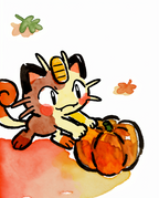 Watercolour illustration of Meowth pouncing on an orange pumpkin with autumn leaves by Dammit.png