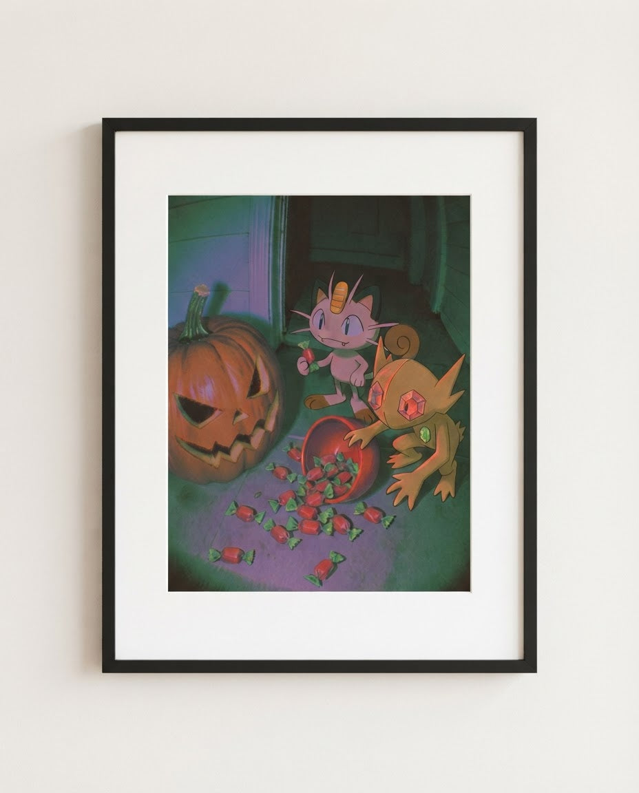 Meowth & Sableye — Candy Heist Halloween art print framed in a black frame with white mat