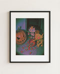 Meowth & Sableye — Candy Heist Halloween art print framed in a black frame with white mat