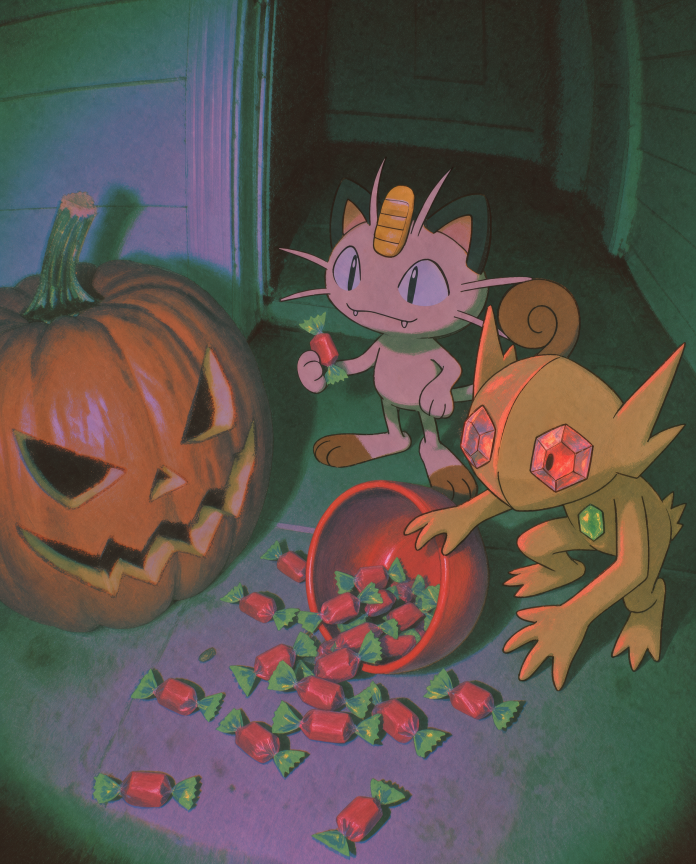 Meowth & Sableye — Candy Heist illustration, Meowth and shiny Sableye stealing spilled Halloween candy beside a jack-o'-lantern