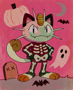 Meowth — Skeleton Crew illustration, Meowth in a skeleton costume in a pink graveyard with a ghost and bats