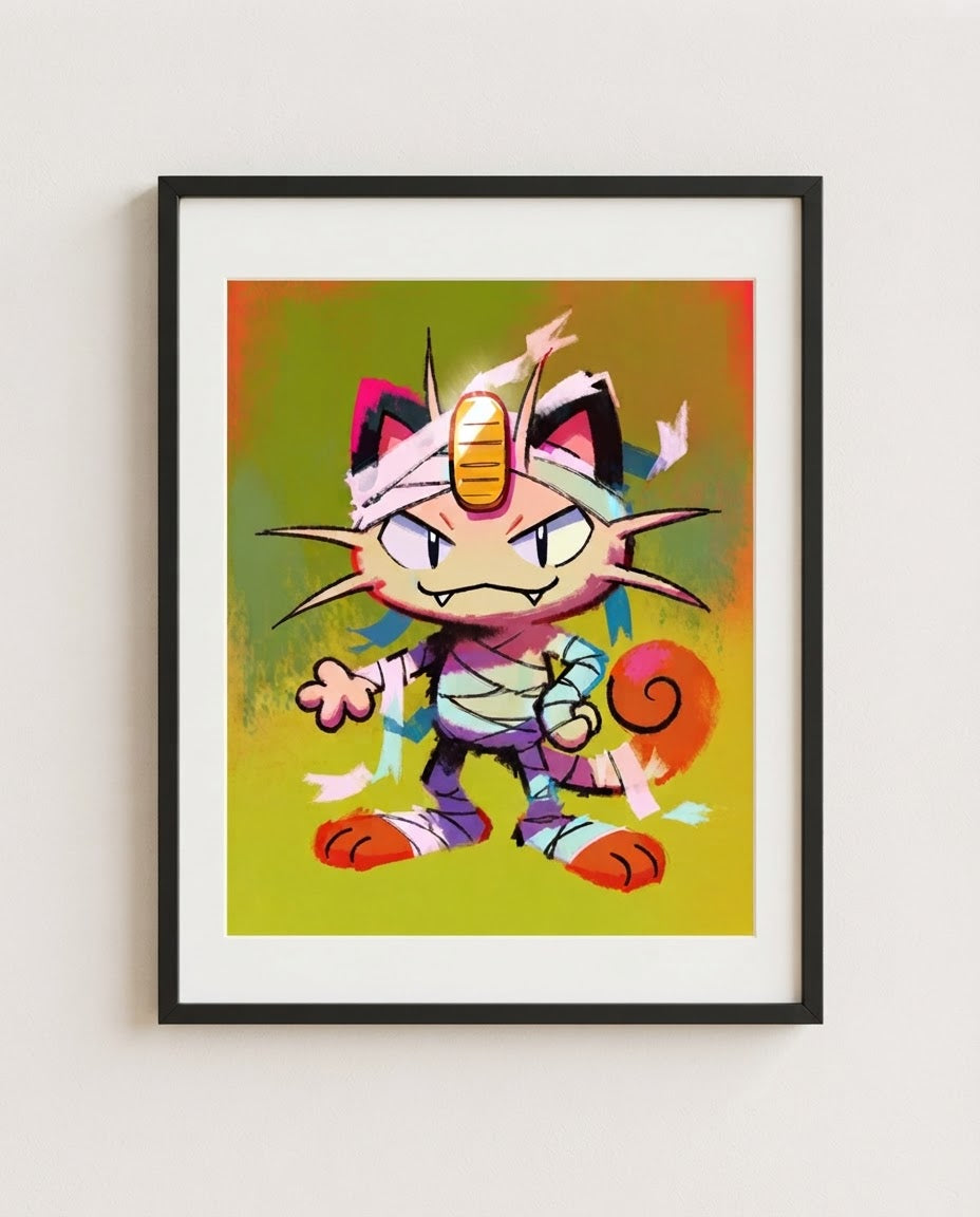 Meowth — Wrapped Up Halloween art print framed in a black frame with white mat