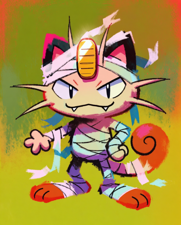 Meowth — Wrapped Up illustration, Meowth in a mummy bandage costume on a green background