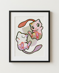 Mew and Ditto Mirror Mew watercolour Pokémon art print in a black frame with white mat