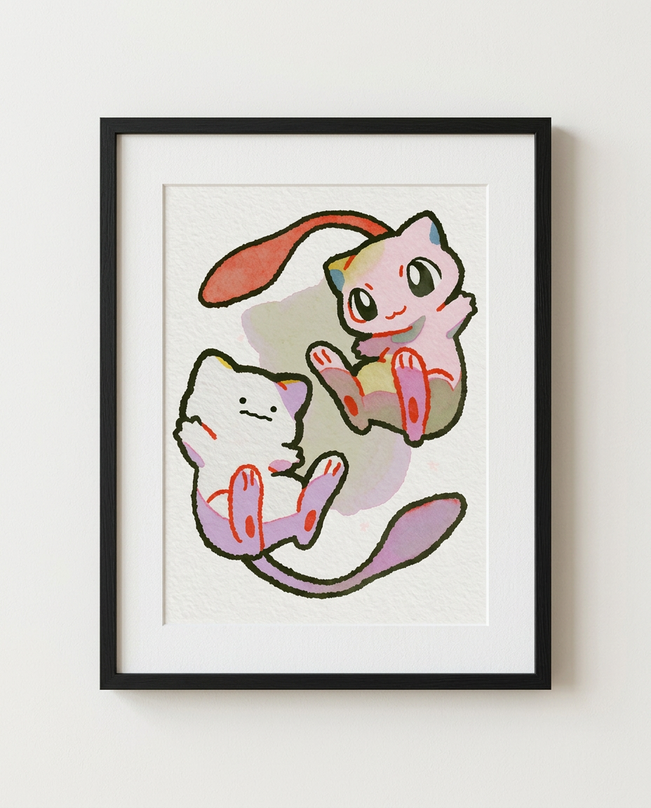Mew and Ditto Mirror Mew watercolour Pokémon art print in a black frame with white mat