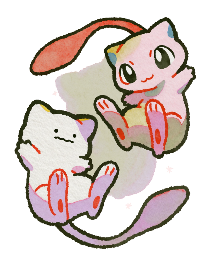 Watercolour illustration of Mew and a Ditto transformed into Mew floating in a circle by Dammit.png