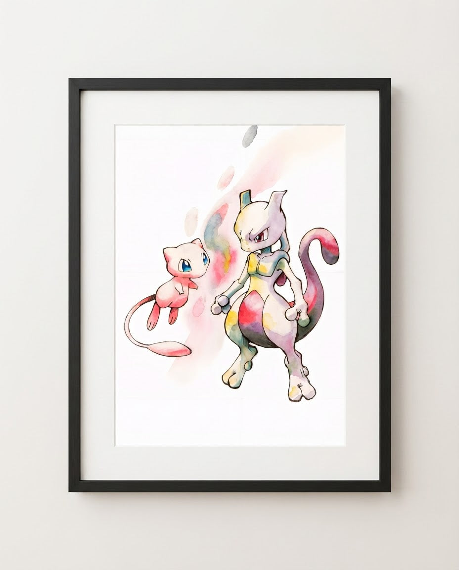 Mew and Mewtwo Standoff watercolour Pokémon art print by Dammit.png shown framed