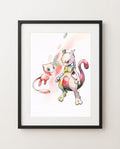 Mew and Mewtwo Standoff watercolour Pokémon art print by Dammit.png shown framed