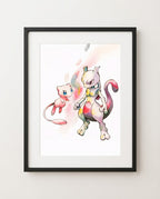 Mew and Mewtwo Standoff watercolour Pokémon art print by Dammit.png shown framed
