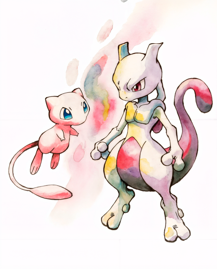 Original watercolour artwork of Mew and Mewtwo facing off, Sugimori-inspired print by Dammit.png