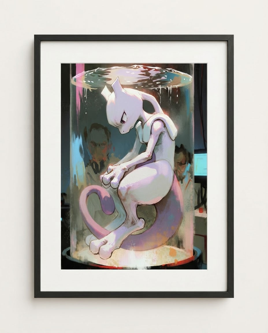 Mewtwo — Awakening impasto art print framed in a black frame with white mat