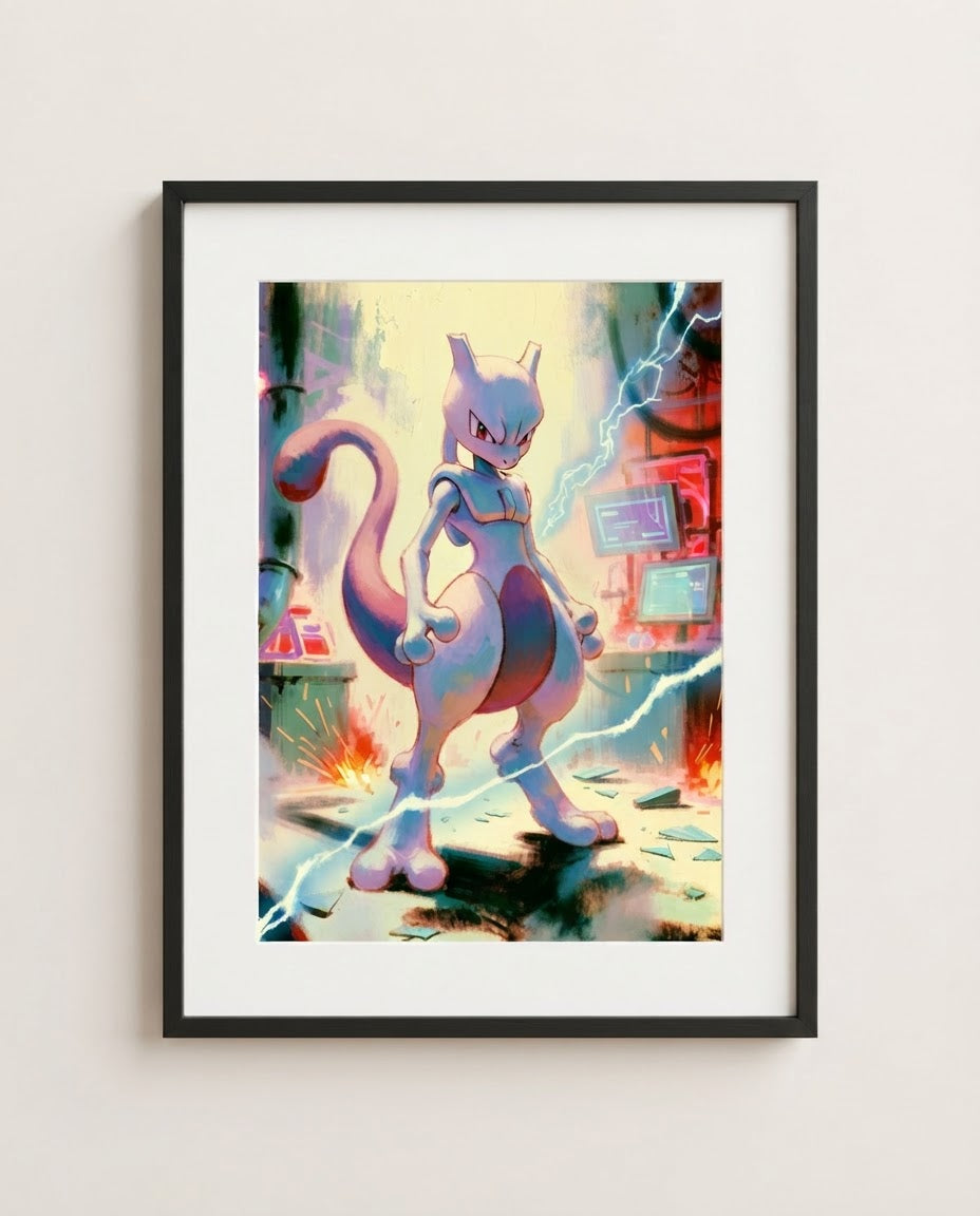 Mewtwo — Breakout impasto art print framed in a black frame with white mat