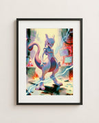 Mewtwo — Breakout impasto art print framed in a black frame with white mat